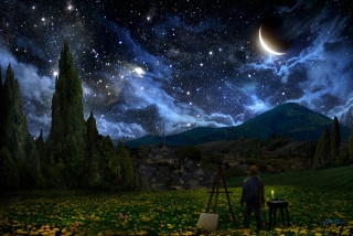 Man field easel painting night 2 - star and a moon free wallpaper