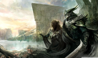 Woman long dress sword dragon - huge free wallpaper