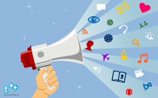 Hand megaphone icons blue background - white star free wallpaper for desktop