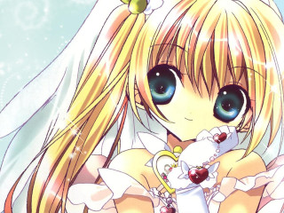 Anime girl blonde hair blue 15 - a white teddy bear free wallpaper