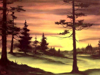 Sunset forest trees fog distant - canvas free wallpaper