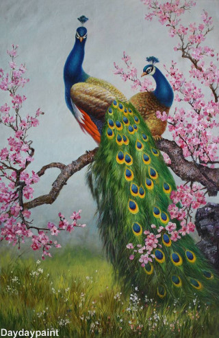 Peacocks tree branch pink flowers - free bird wallpaper for mobile