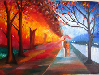 Two people walking street holding - tree in the background free wallpaper