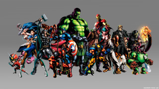 Cartoon characters group gray background - marvel comic free wallpaper