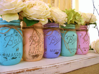 Mason jars flowers shelf window - pastel color free wallpaper