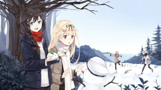 Anime characters snow tree snowman - ayo free wallpaper
