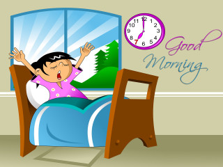 Little girl waking bed clock - a good morning free wallpaper