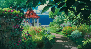 House garden flowers trees path - ghibli free wallpaper