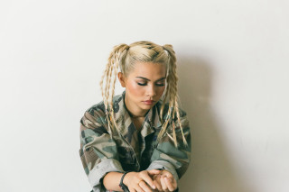 Woman ponytail sitting hands knees - grunge aesthetic free wallpaper for desktop