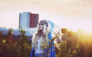 Woman blonde longhair bluecape flowerfield - a blue cape free wallpaper