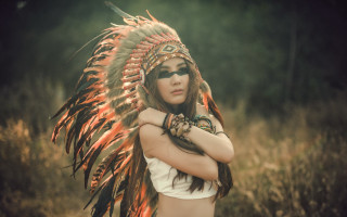 Woman headdress feathers posing picture - a picture in a field free wallpaper