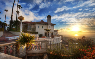 House balcony ocean view sunset 2 - kinkade free wallpaper