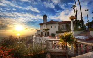 House balcony ocean view sunset - kinkade free wallpaper