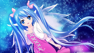 Girl blue hair pink dress - bow free wallpaper