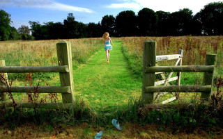 Woman walking field wooden gate - fiona stephenson free wallpaper