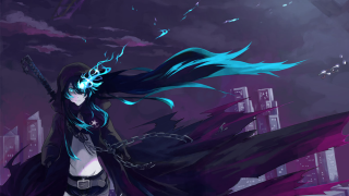 Woman sword city night sky - blue hair free wallpaper