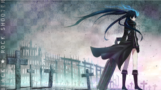 Girl blue hair cemetery cross - side and a building in the background free wallpaper