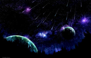Planets sky stars trees painting 3 - two planet free wallpaper