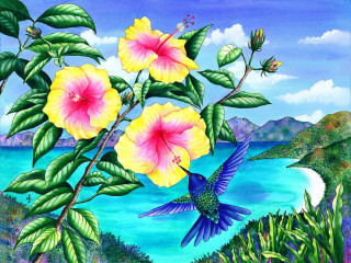 Bird flying flower lake mountains - in gouache free wallpaper
