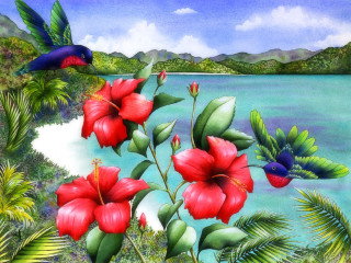 Bird flying lake red flowers - over a lake free wallpaper