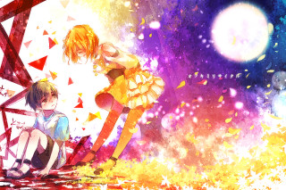 Anime couple sitting stars night - a bright background free wallpaper