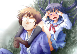 Romantic anime couple blush blue - their head free wallpaper for desktop