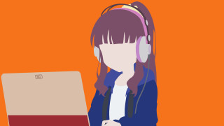 Woman headphones laptop red background - a red background behind her free wallpaper