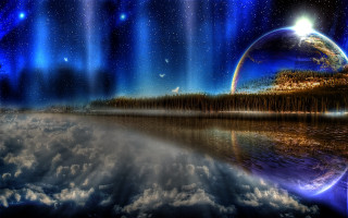 Planet sky clouds water rainbow - dreamlike free wallpaper for desktop