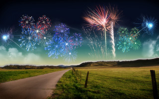 Fireworks sky road field fence 2 - color field free wallpaper