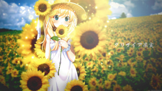 Girl sunflowers field hat flower - her head and a flower free wallpaper