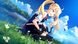 Girl sitting grass hill cat - her lap free wallpaper