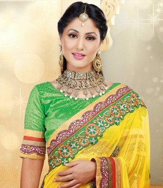 Woman yellow green sari necklace - a photorealistic painting free wallpaper for tablet