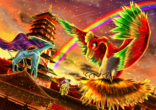 Bird painting rainbow background building - epic composition free wallpaper