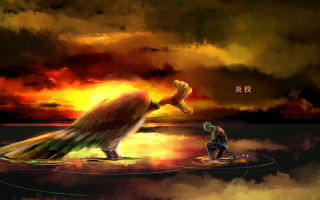 Bird boat water person kneeling - epic composition free wallpaper for desktop