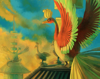 Bird roof sky background clouds - in gouache free wallpaper