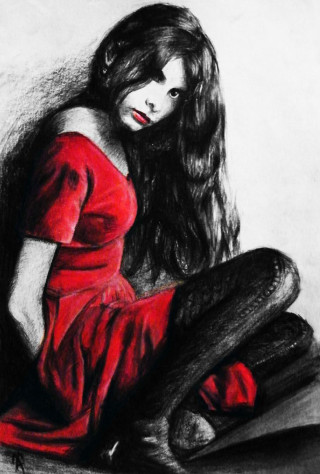Araceli gilbert red dress sitting - a charcoal drawing free wallpaper for mobile