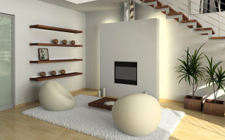 Livingroom whitechair whitecouch fireplace plant - free 3d render wallpaper