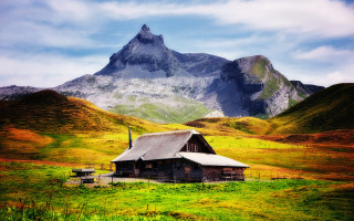 Cabin field mountains sky clouds - the background and a sky free wallpaper