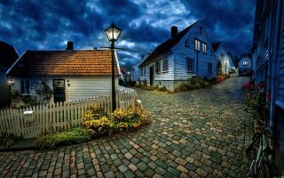 Cobblestone street white house lamp - a cobblestone street free wallpaper