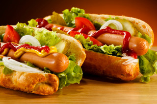 Two hot dogs ketchup mustard - hot free wallpaper for desktop