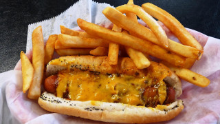 Hot dog cheese mustard fries - a hot dog free wallpaper