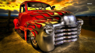 Red silver truck flames hood - hood free wallpaper