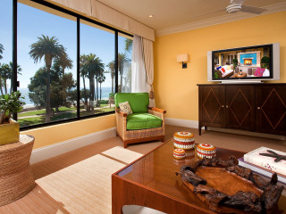 Living room green couch palm - a view of the ocean free wallpaper