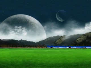 Green field mountains water moon 6 - a moon in the sky free wallpaper