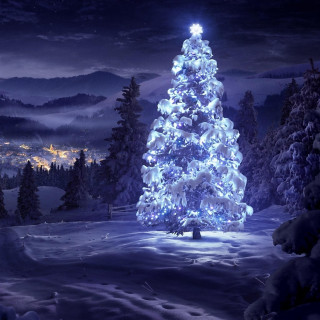 Lit christmas tree snowy night 2 - free christmas wallpaper for tablet