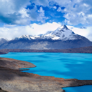 Mountain lake snow peak clouds - free mountains wallpaper for tablet