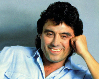 Smiling man blue shirt polka - synthwave free wallpaper