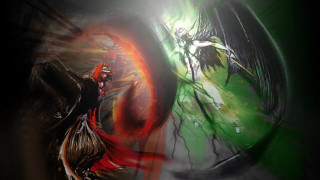 Red dress woman giant horns - swirl free wallpaper