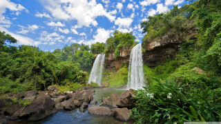 Waterfall blue sky clouds nature 2 - a waterfall in the middle of it free wallpaper