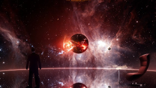 Man standing space stars planets - a space free wallpaper